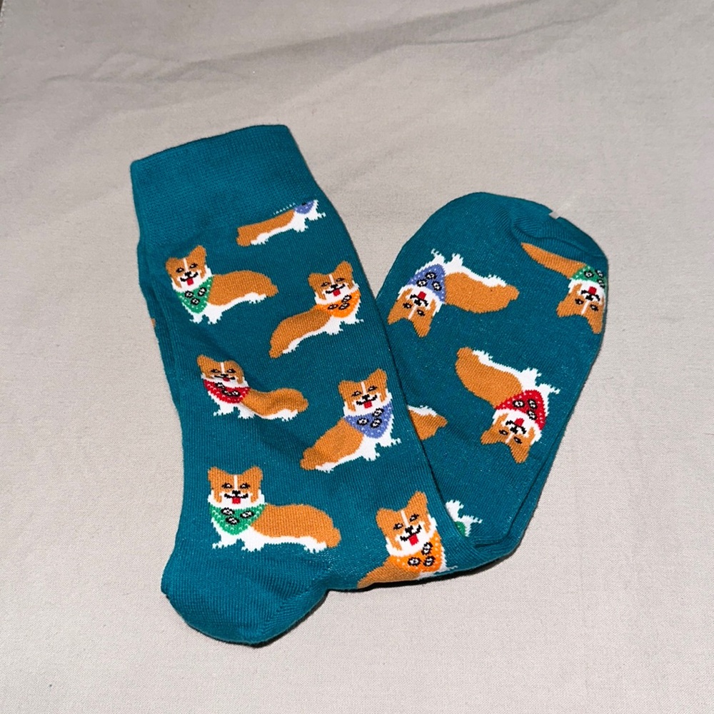 mens teal socks with brown corgi